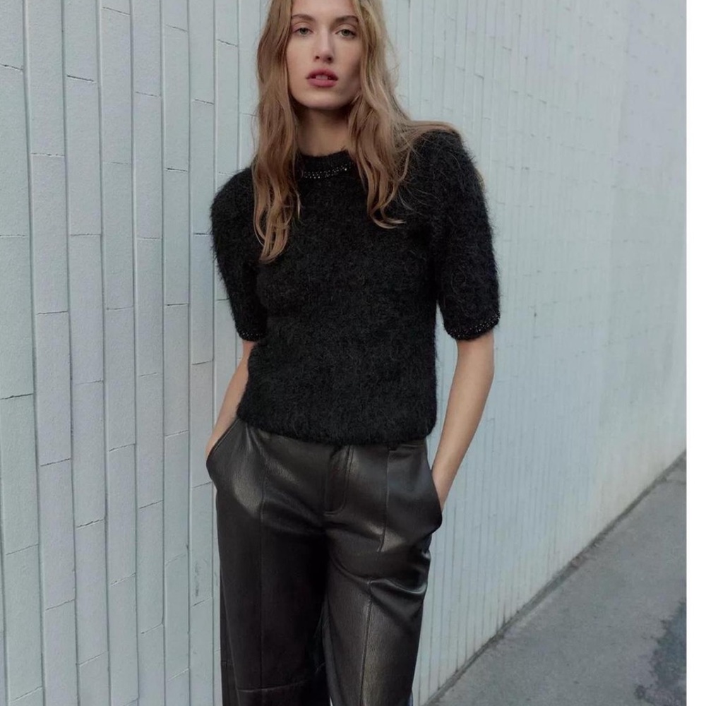 Zara Black Fuzzy Crew Neck Sweater